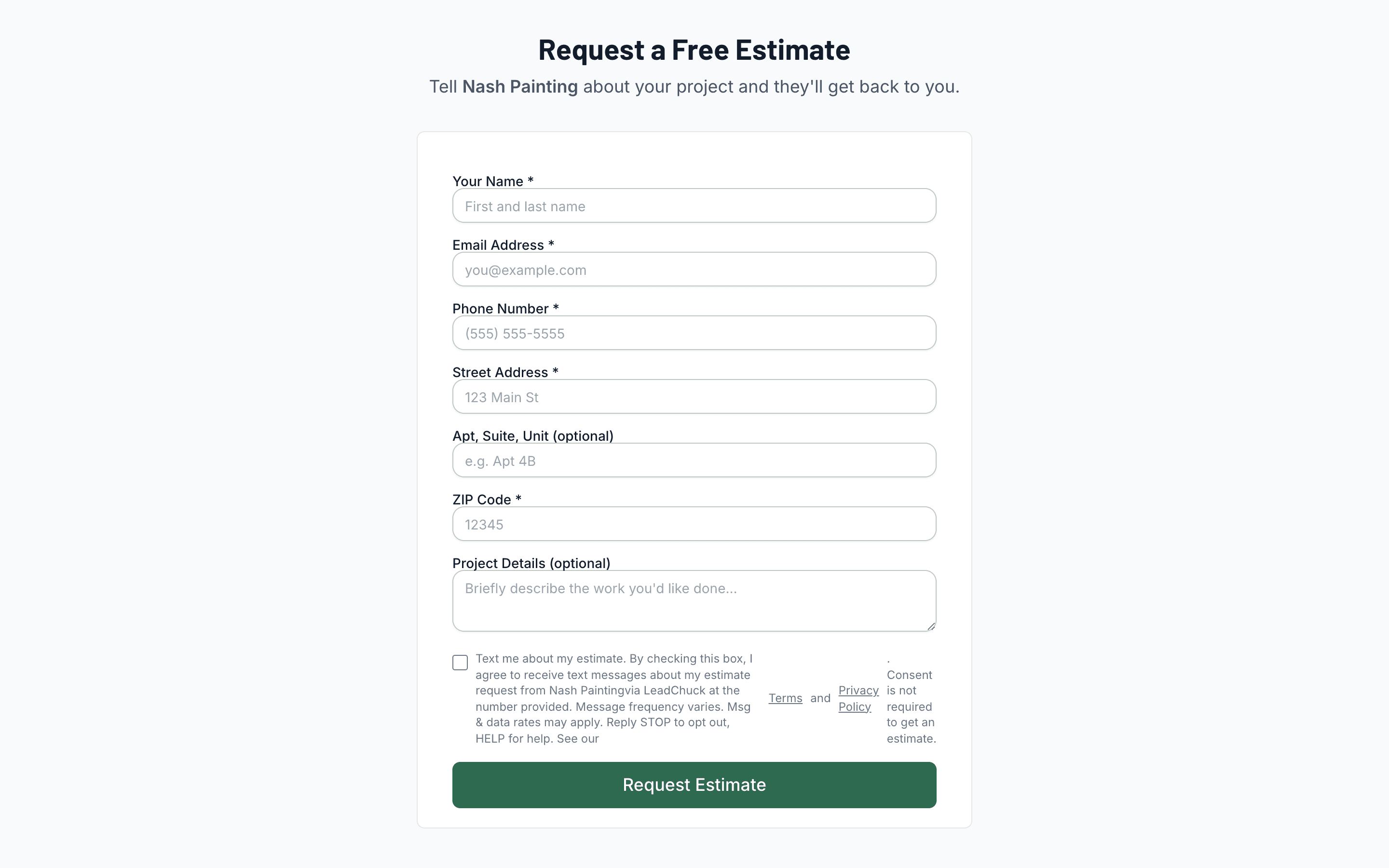 The 'Request a Free Estimate' form a friend fills out after opening a shared referral link