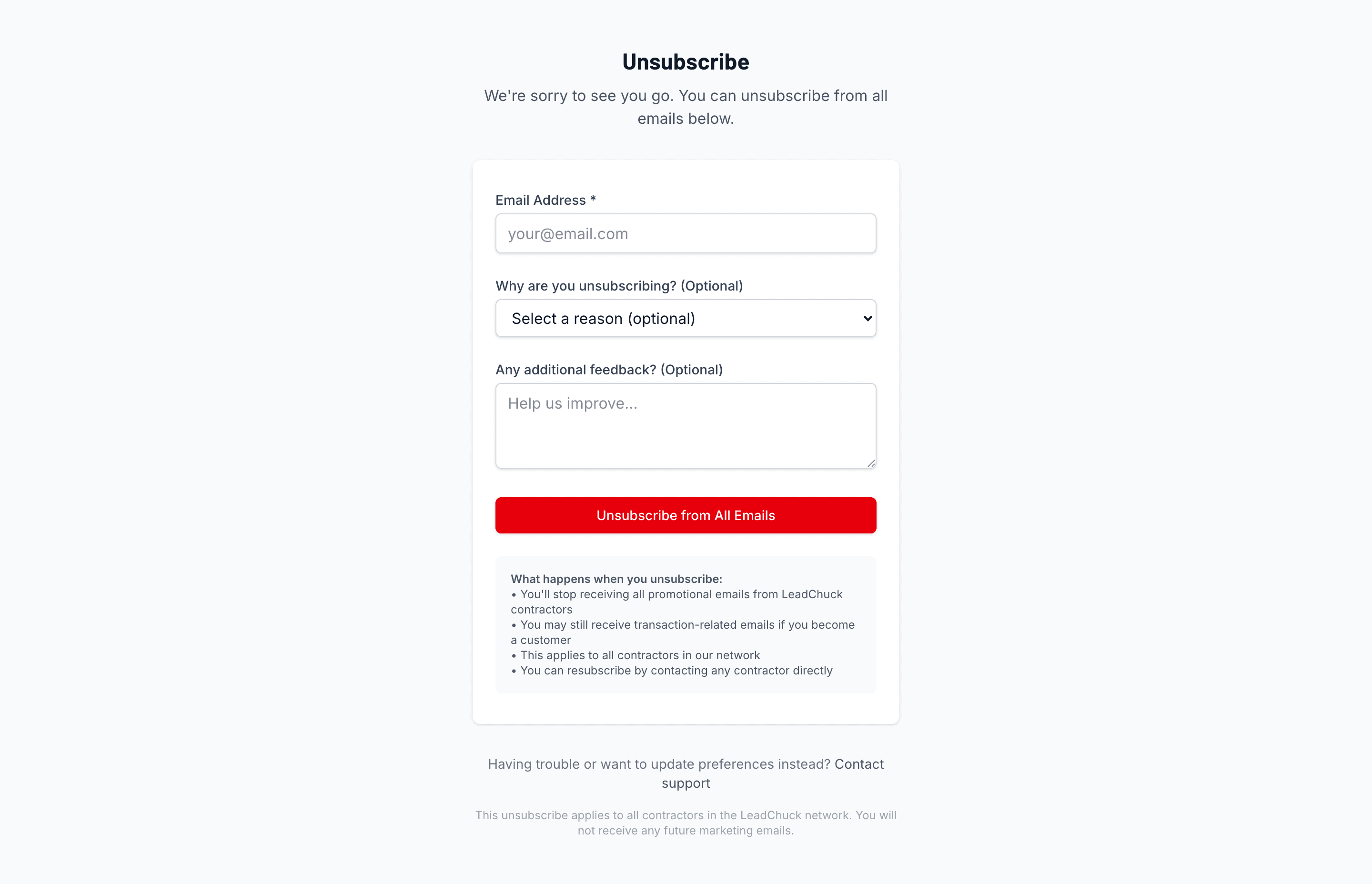 The LeadChuck unsubscribe page, with a pre-filled greeting and an 'Unsubscribe from All Emails' button