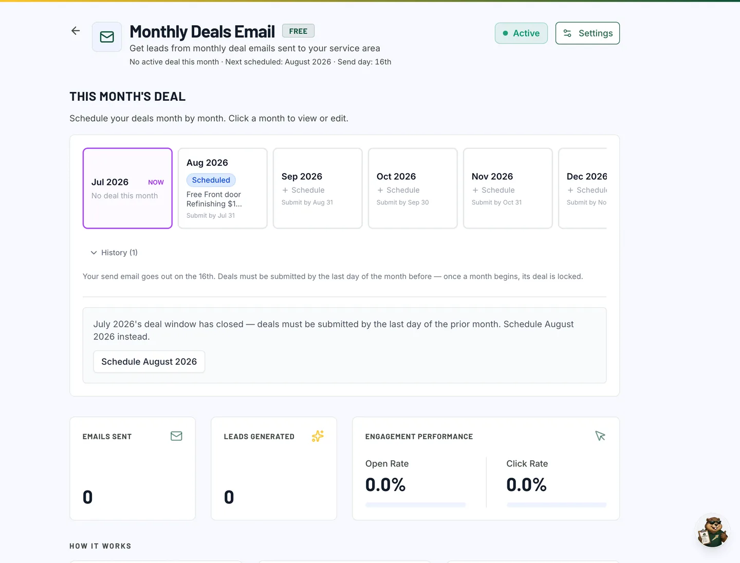 The LeadChuck deals screen — a contractor's seasonal offer, its per-lead bid, and the emails it's featured in