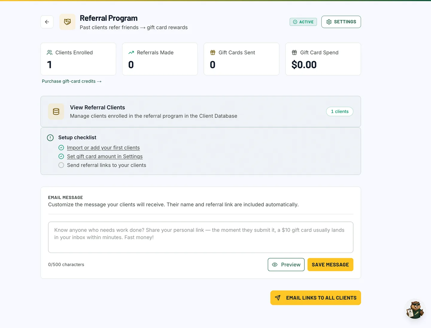 The LeadChuck referral screen — a client's personal referral link and the gift-card reward that ships when they confirm
