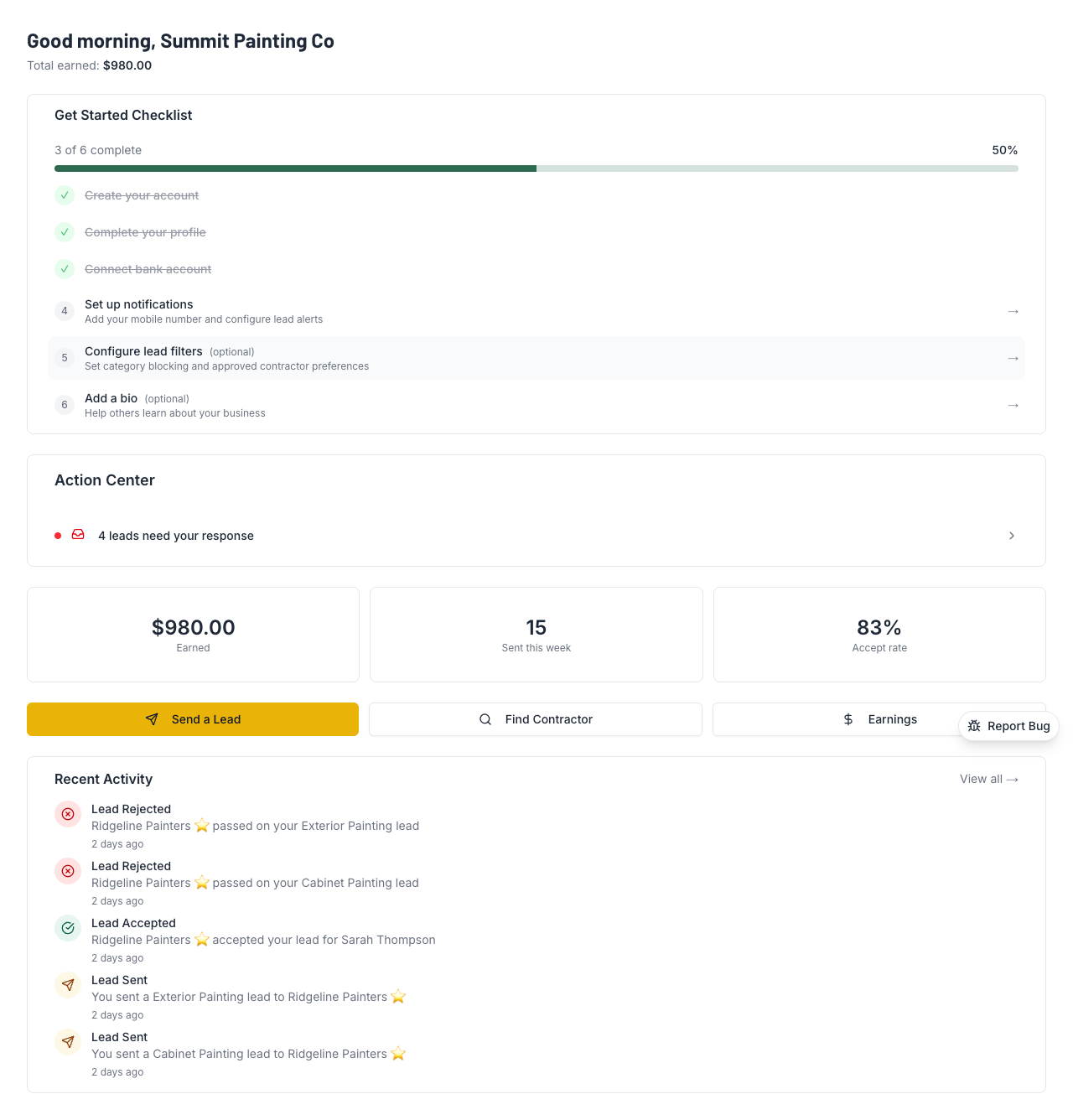 Dashboard KPI cards showing key metrics