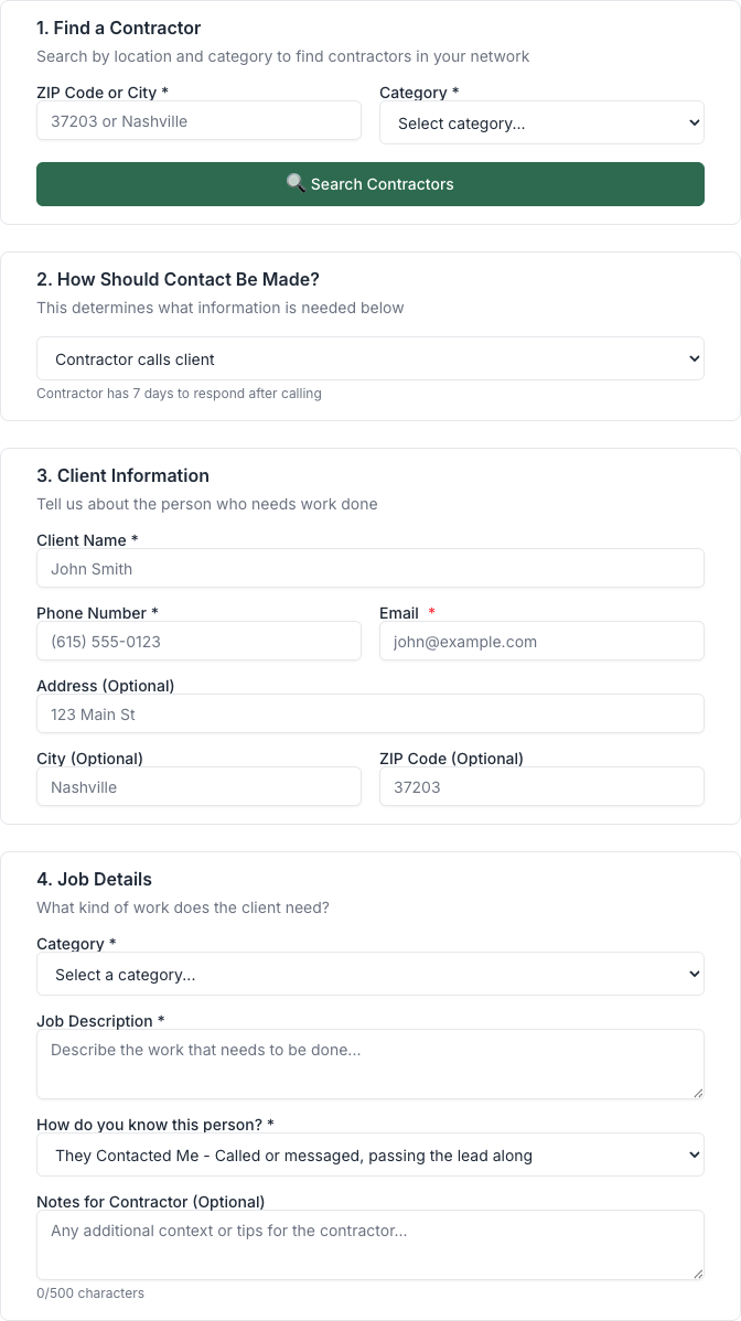 Send a Lead form with contractor search