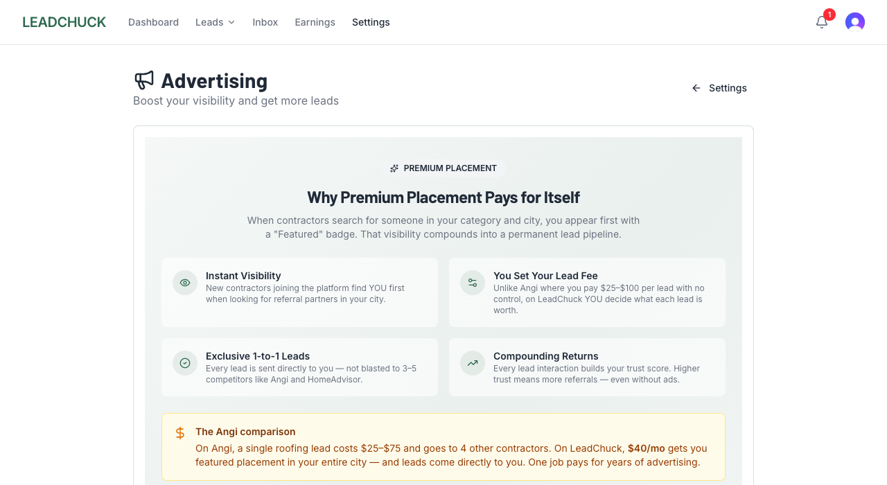 Advertising page with market selection