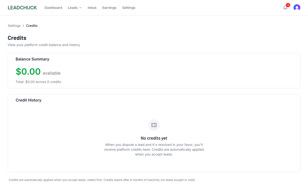 Credits page showing balance summary