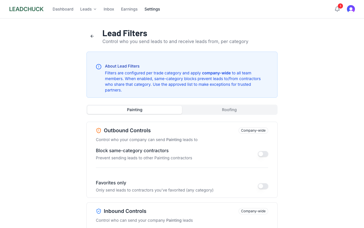 Lead filters with category toggles