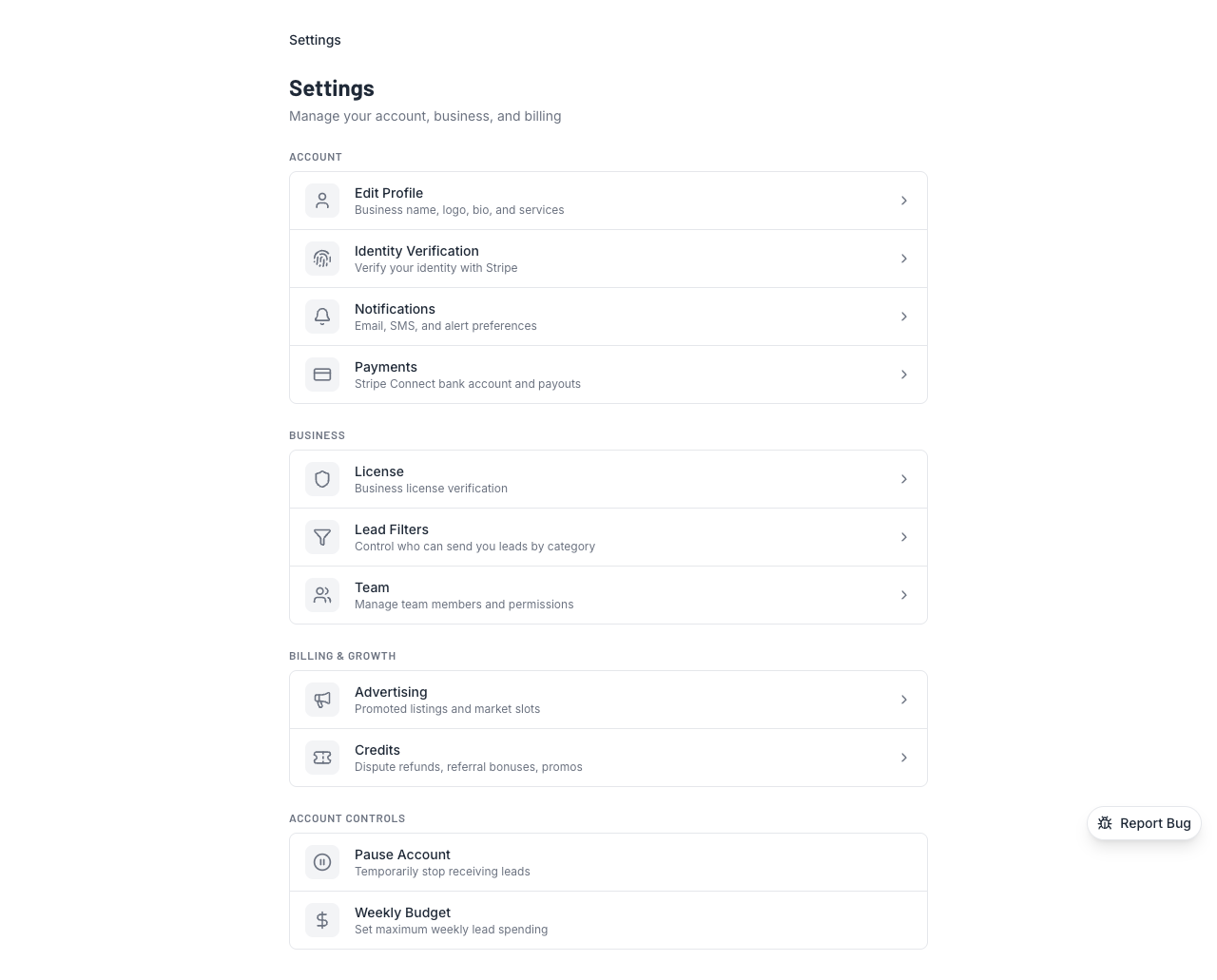 Settings page with verification status