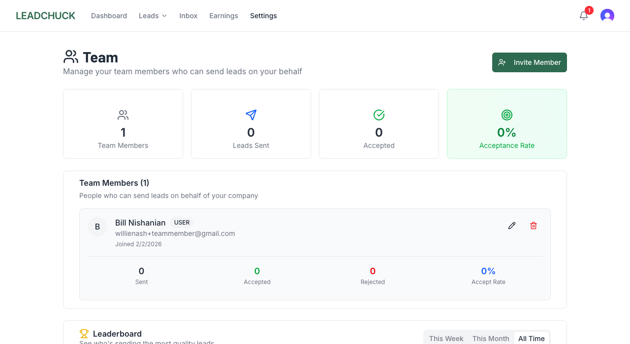Team settings with invite form