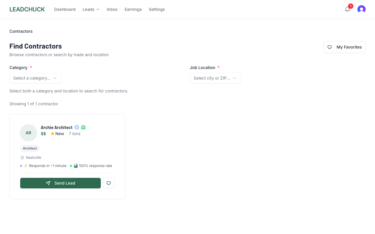 Contractor browse page with lead fees
