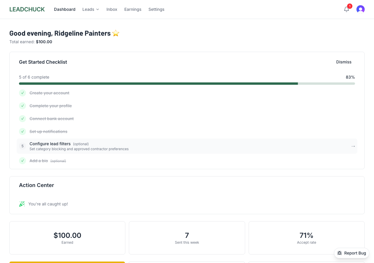 LeadChuck Dashboard showing lead statistics, acceptance rates, and trust level metrics