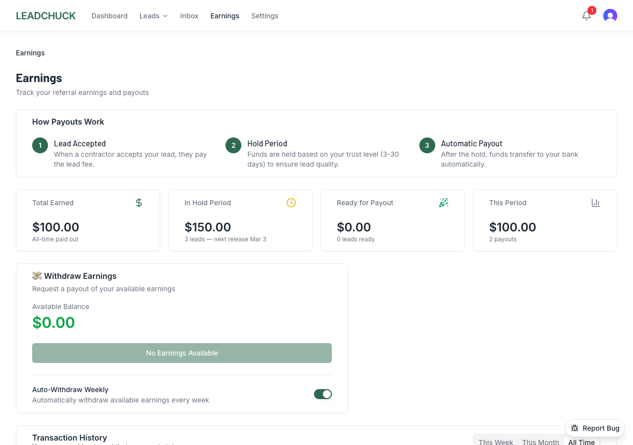 LeadChuck Earnings page showing transaction history, total earned, and payout details
