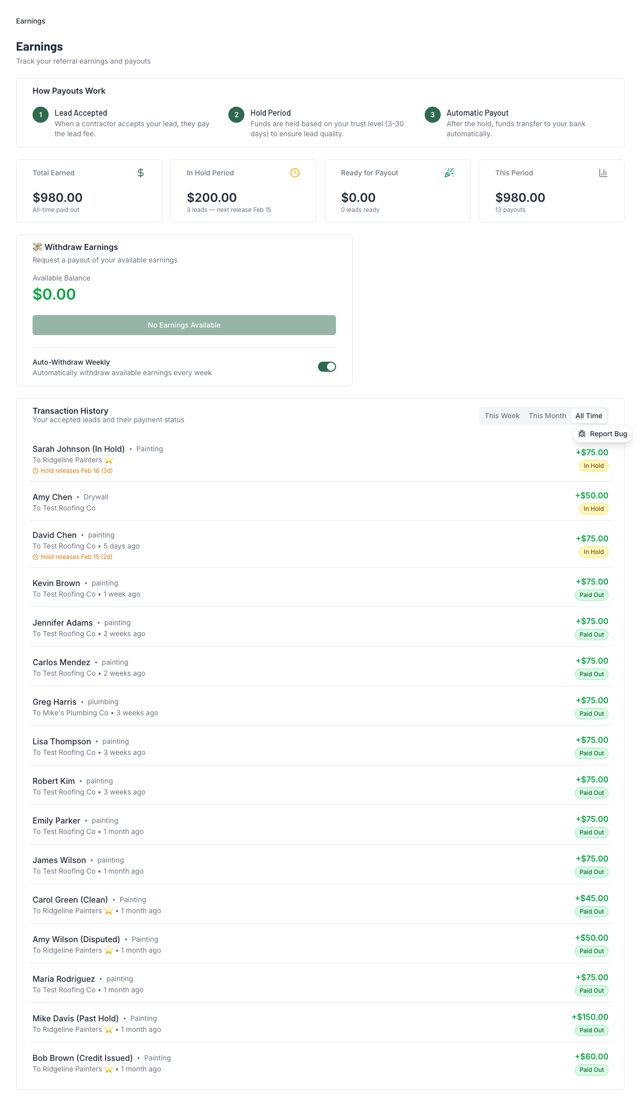 Earnings page with summary cards
