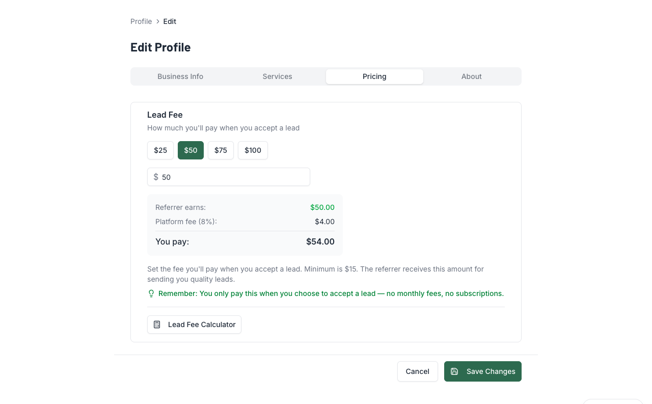 Profile edit with lead fee settings