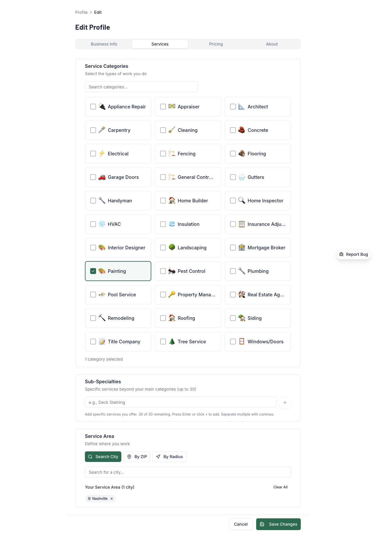 Profile edit showing categories and service area