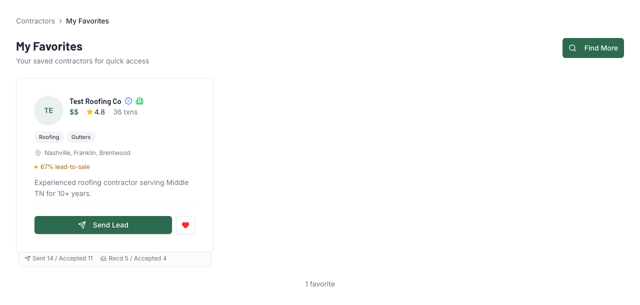 Favorites page with saved contractors