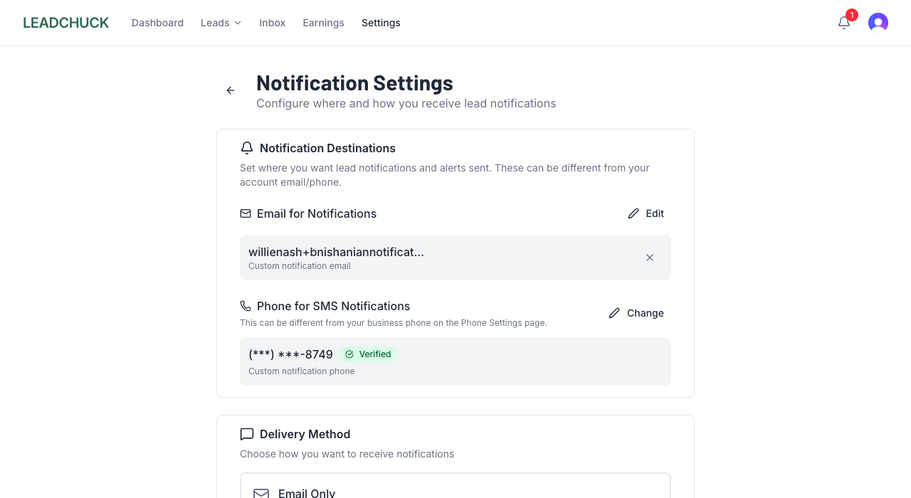 Notification settings with SMS toggle