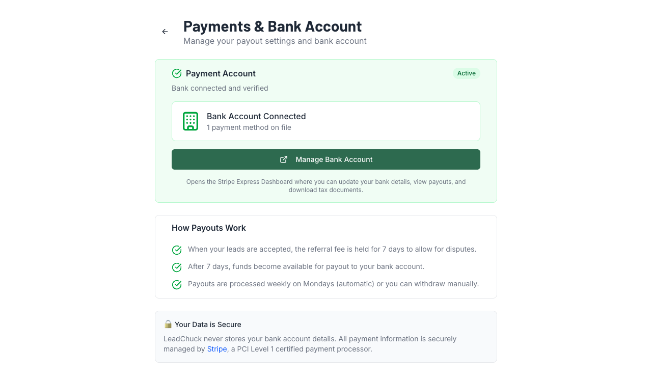 Payment settings showing Stripe Connect